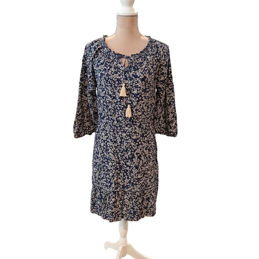 Naif XLWomen Navy Blue White Floral Tassel Keyhole 3/4 Bell Sleeve Dress Boho